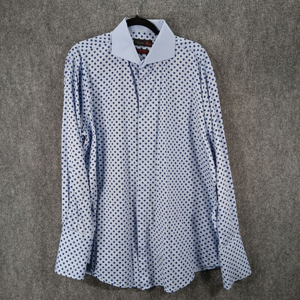Tiglio Rosso Dress Shirt Mens 17.5 White Blue Polka Dots Cutaway Collar Business